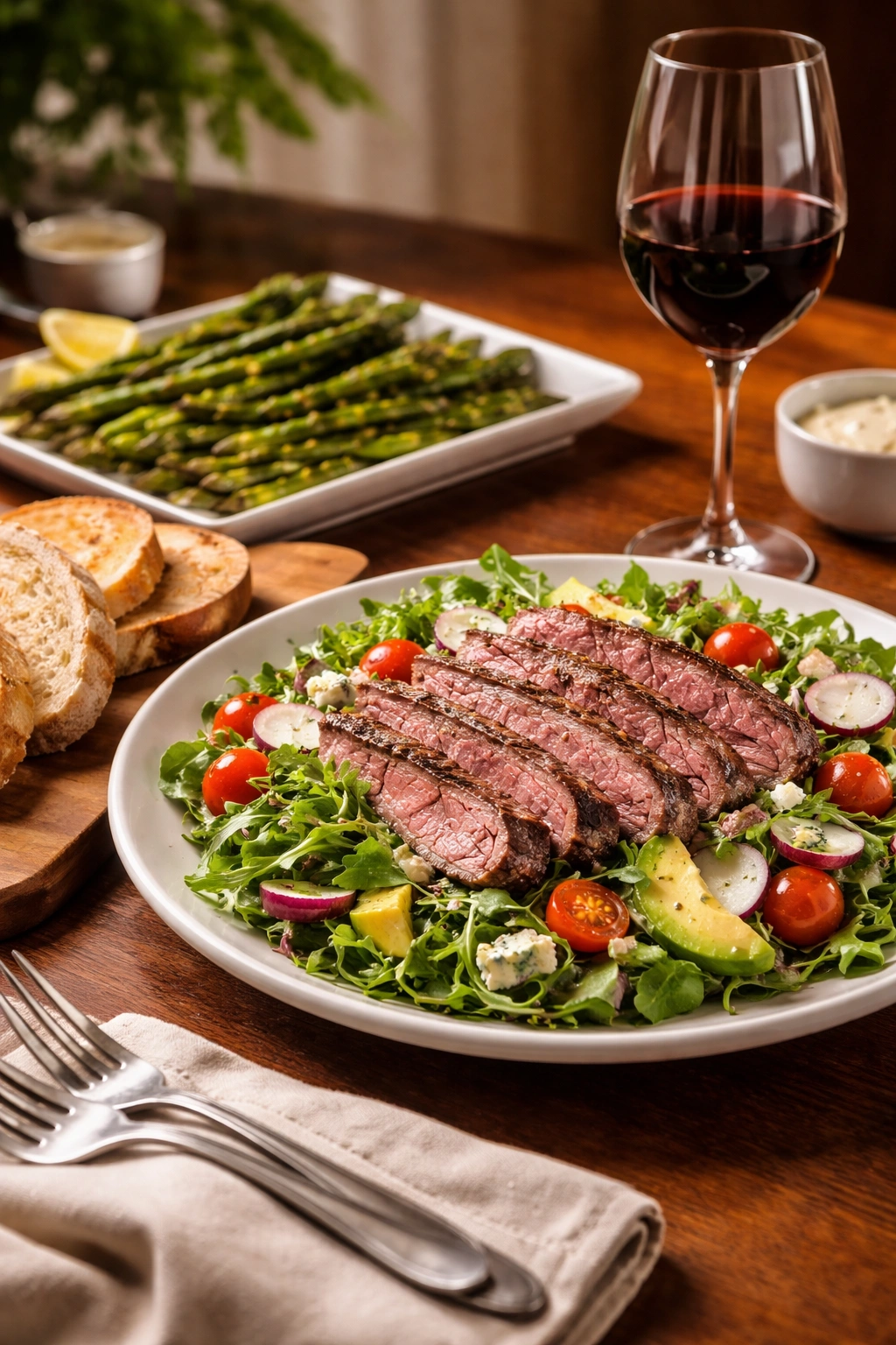 Plate of steak salad with bread and asparagus on a warm dining table, red wine in the background.