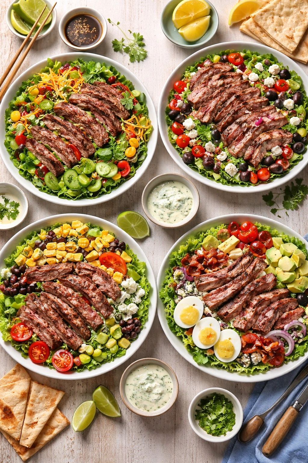 Four steak salad plates showing Asian, Mediterranean, Tex-Mex, and steakhouse variations on a light wooden table