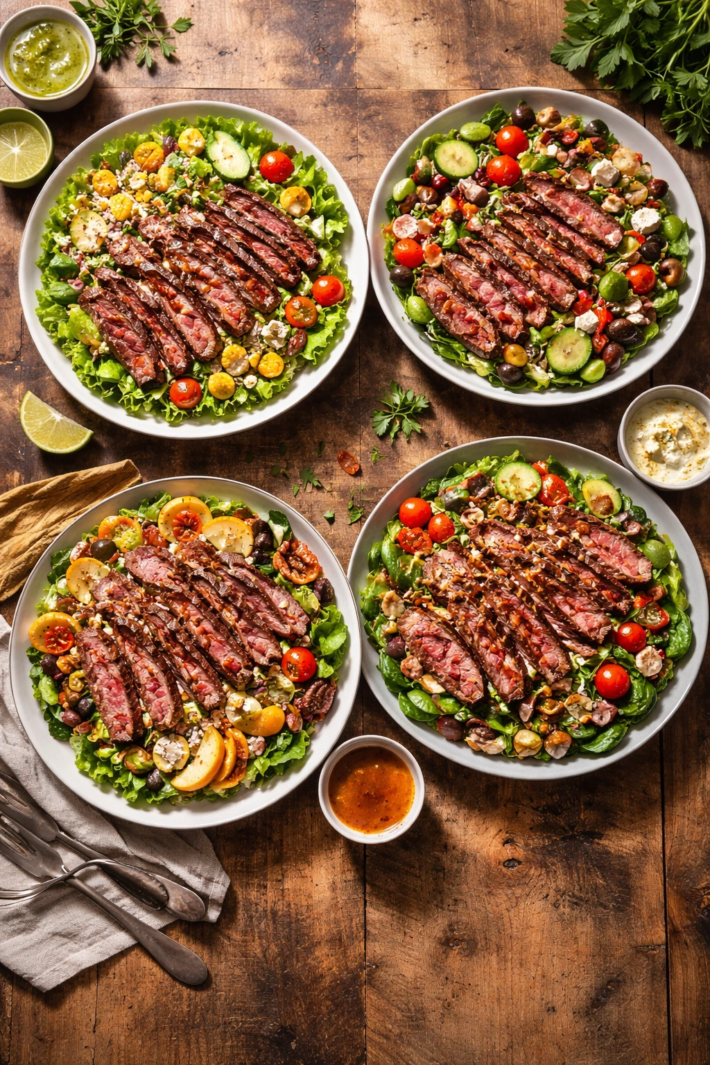 Four steak salad variations on a rustic board: cilantro-lime, Mediterranean, autumn, and bacon-dressing styles.
