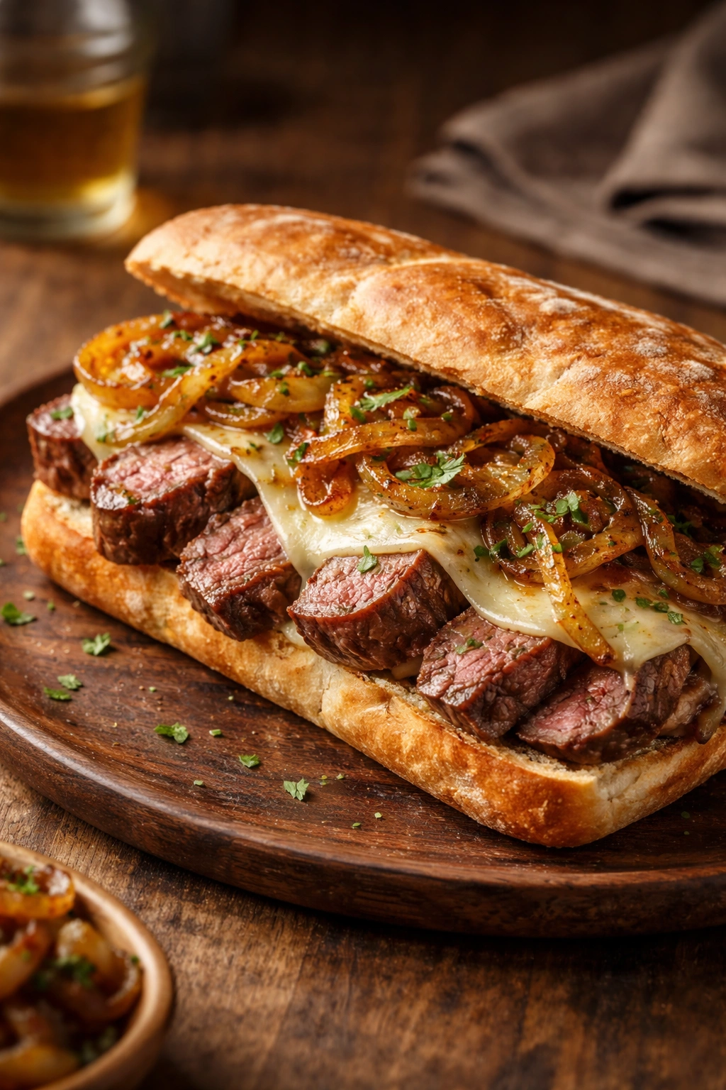 Steak sandwich with caramelized onions on crusty bread