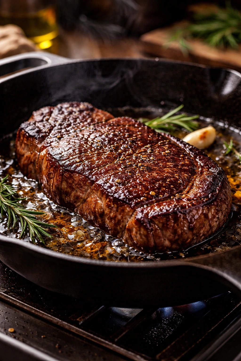 Juicy seared steak in a cast-iron skillet