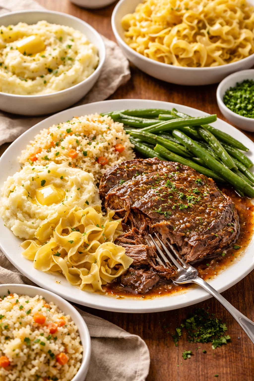 Steak with mashed potatoes, noodles, rice, and green beans on a plate.