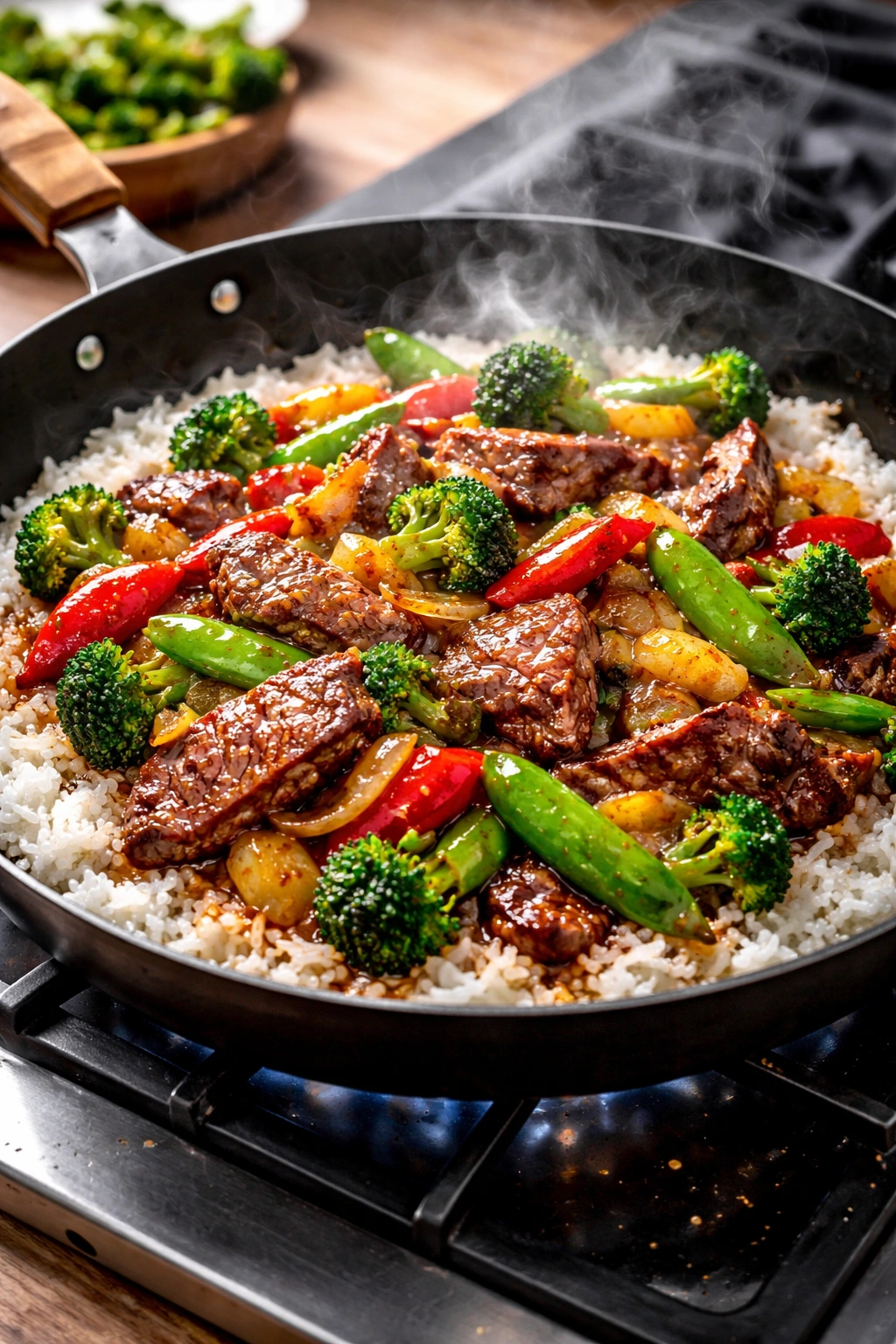 Sizzling steak stir-fry in a hot skillet with vegetables and glossy sauce