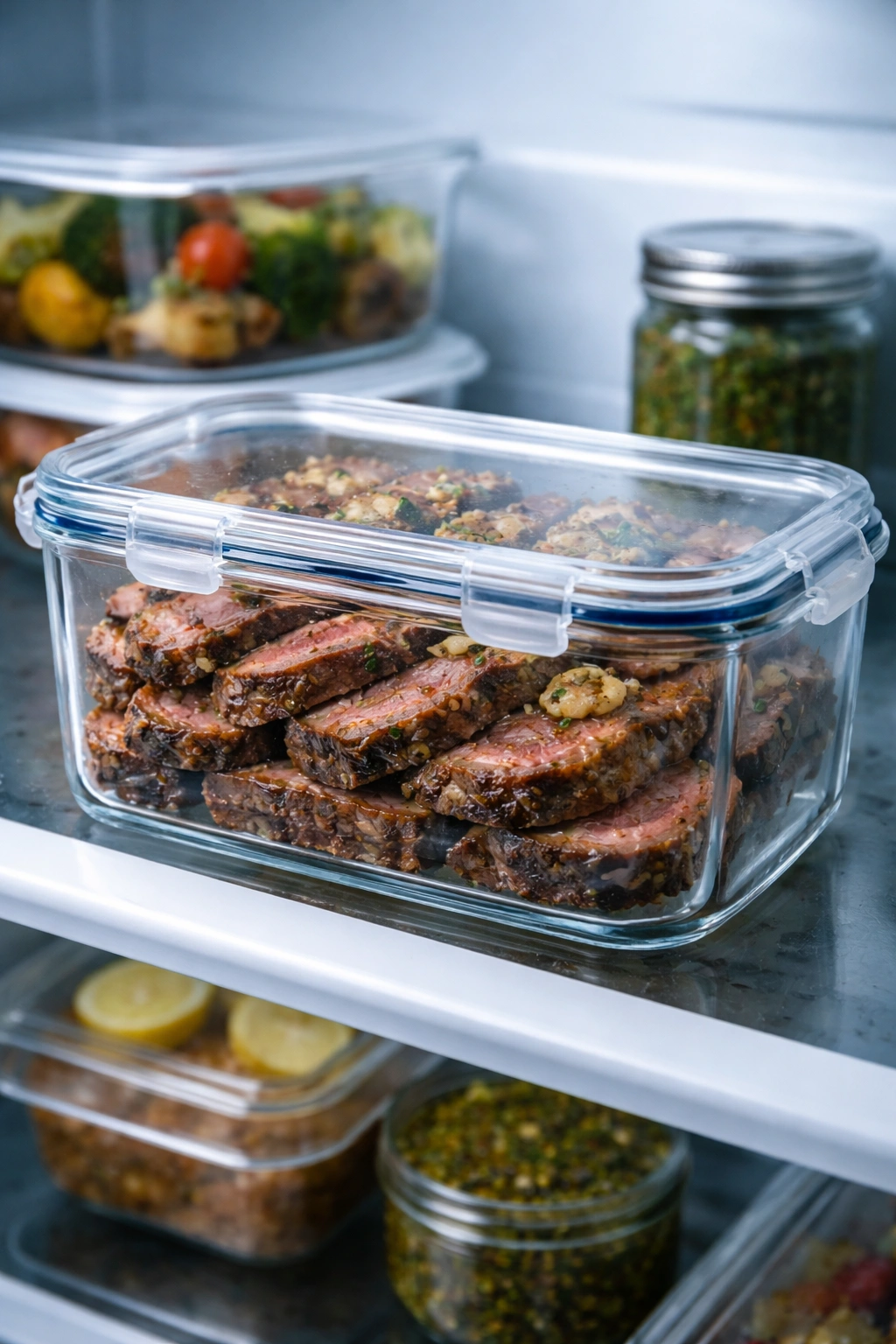 Leftover steak stored in airtight container in fridge