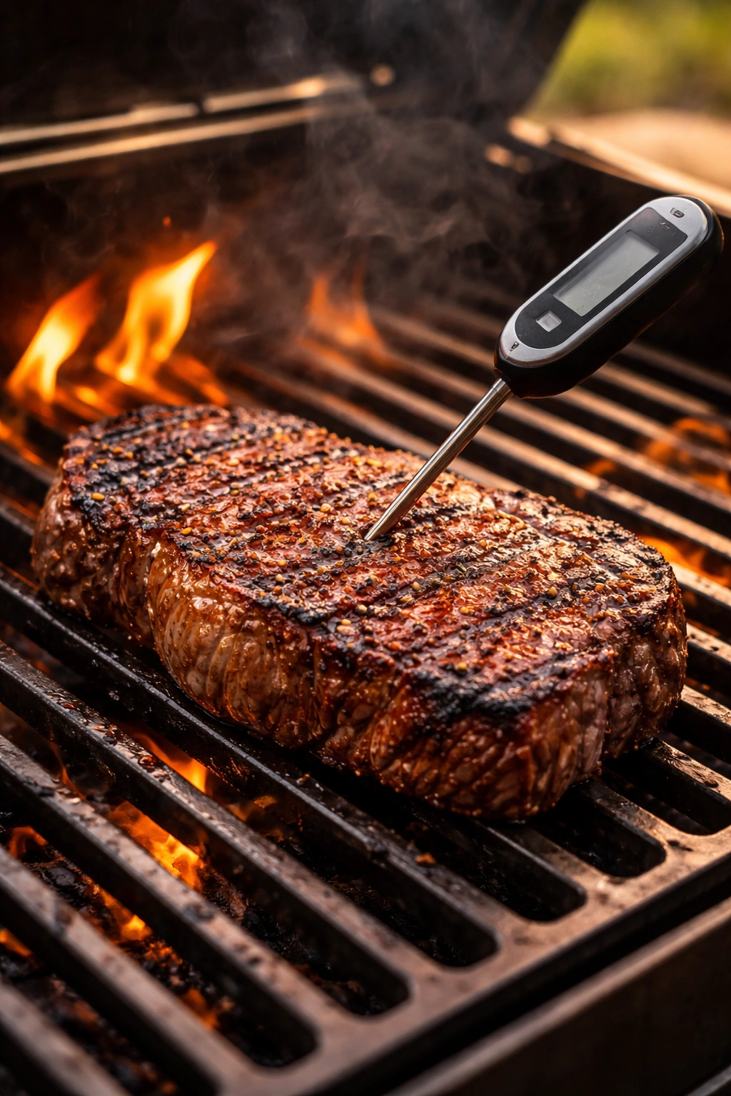 Steak on grill with a probe inserted into the center, display not visible