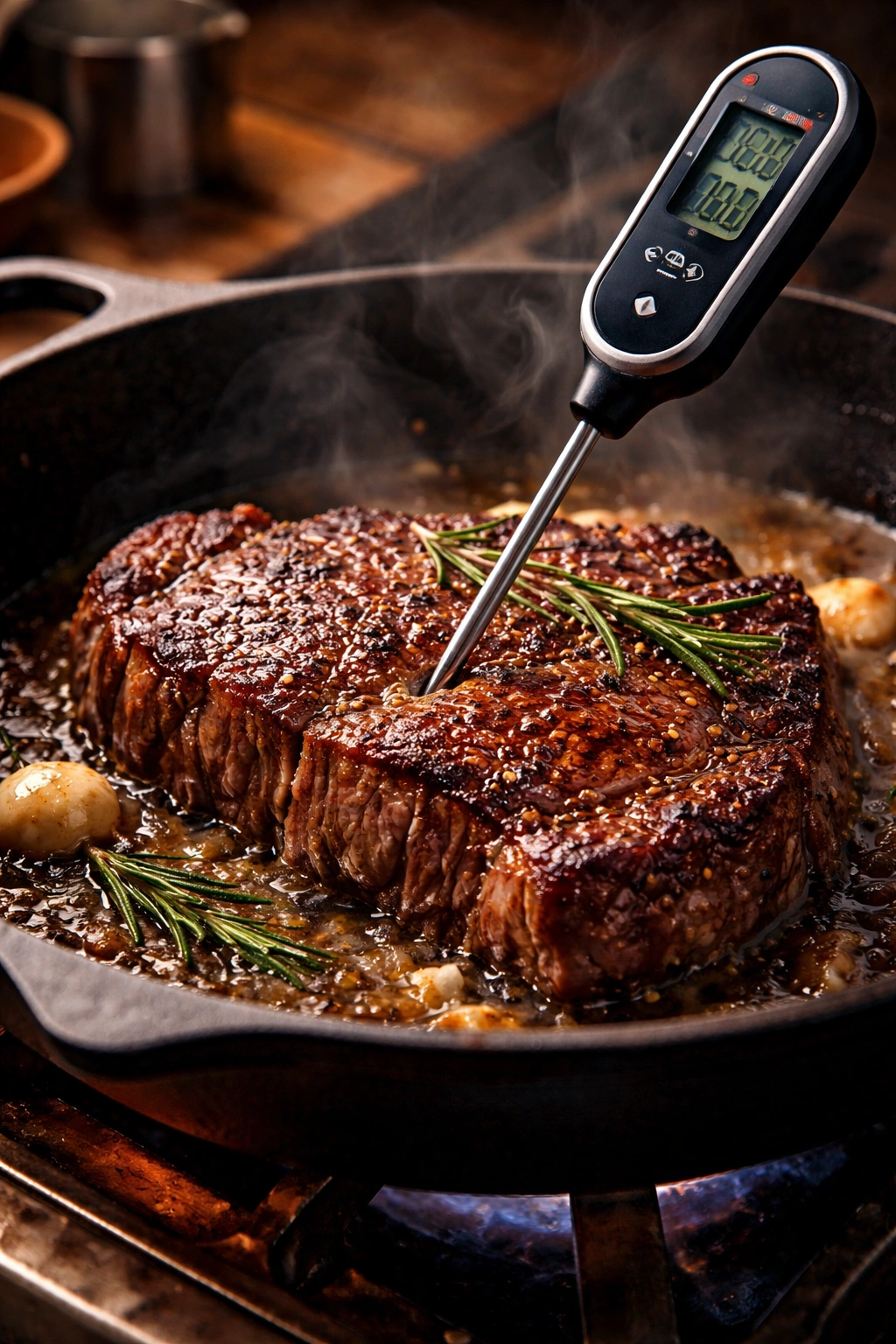 Close-up of a digital thermometer in a seared steak to ensure target temperature
