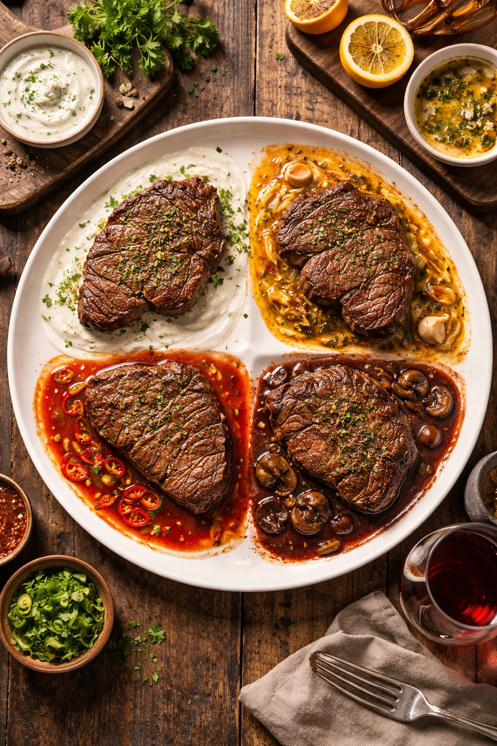 Fork-tender steak with four color-coded sauce swirls on a rustic plate.