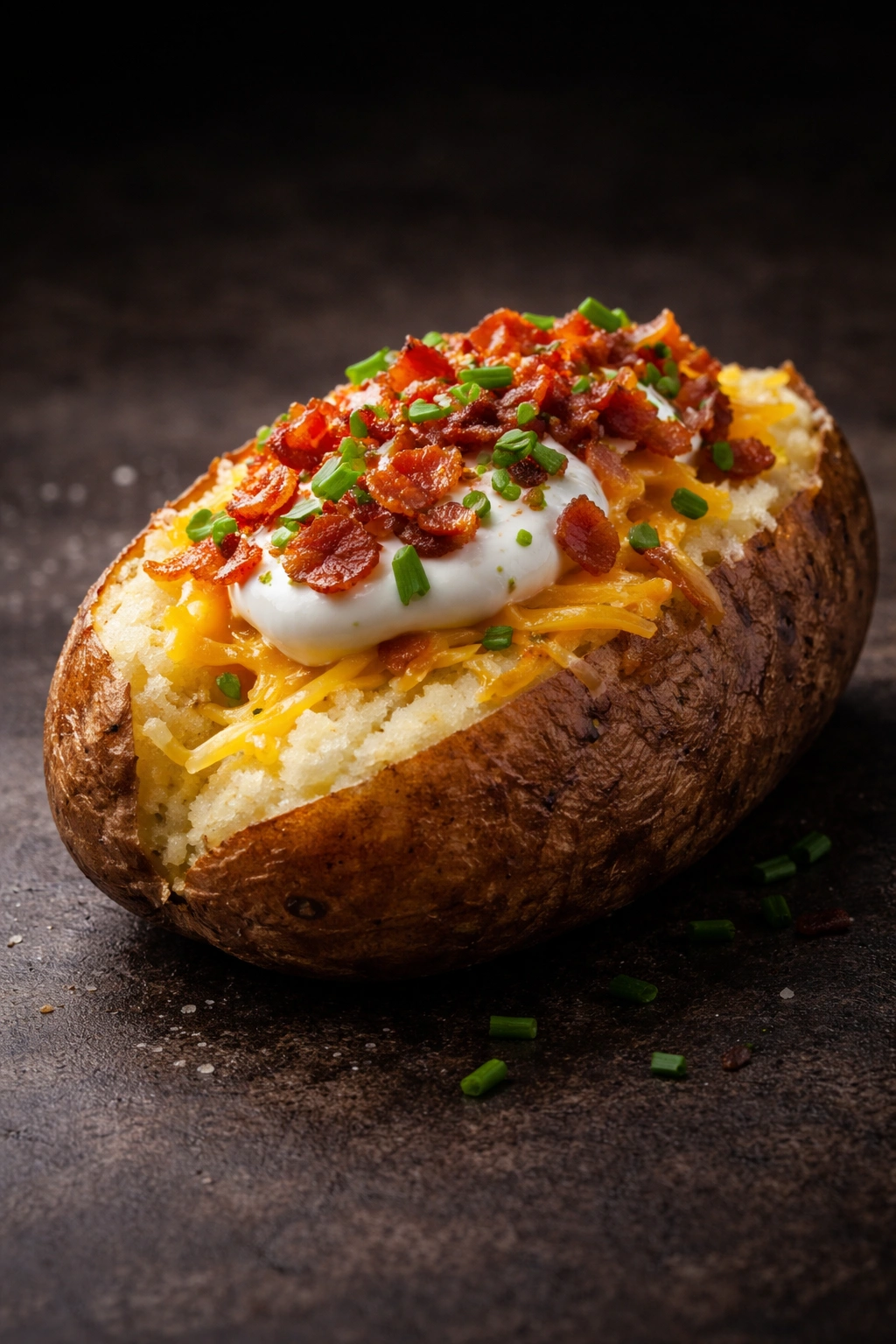 Halved baked potato with butter, sour cream, cheddar, bacon, and chives.