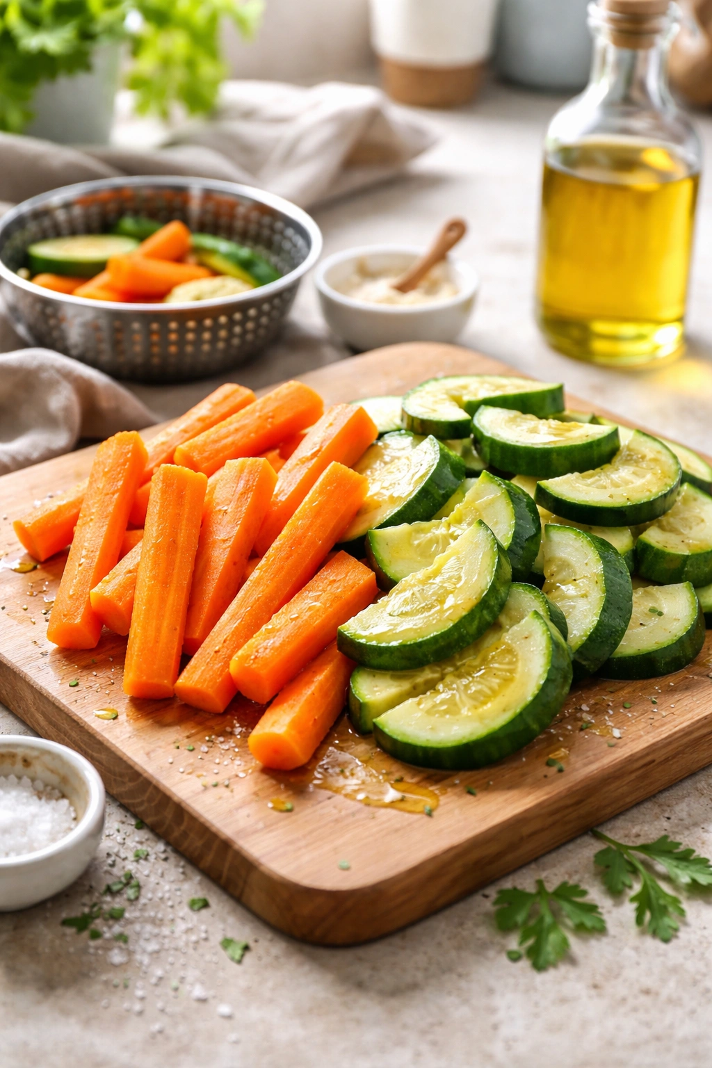 Steamed carrot and zucchini ready for baby-led weaning