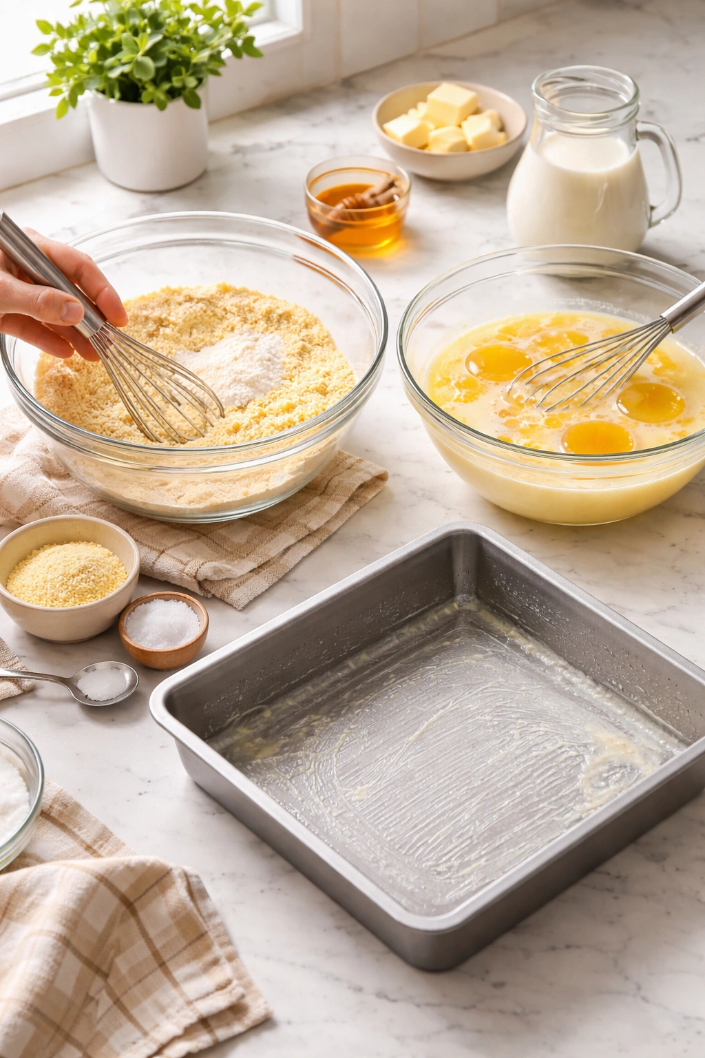 Bowl of dry ingredients, bowl of wet ingredients, and greased pan ready for mixing