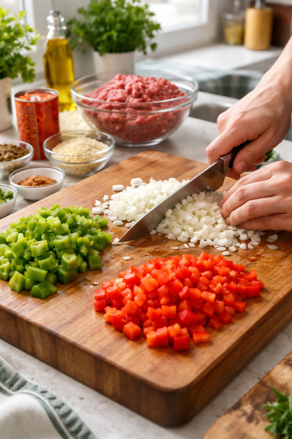 Hands chopping onion and bell peppers on a cutting board