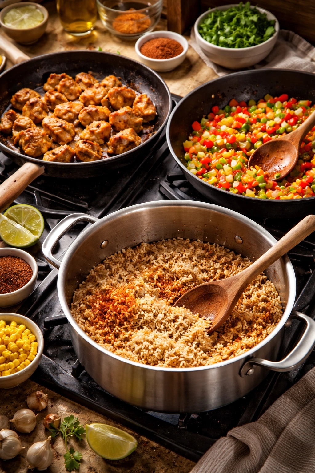 Chicken browning and vegetables sautéing beside rice toasting on the stove