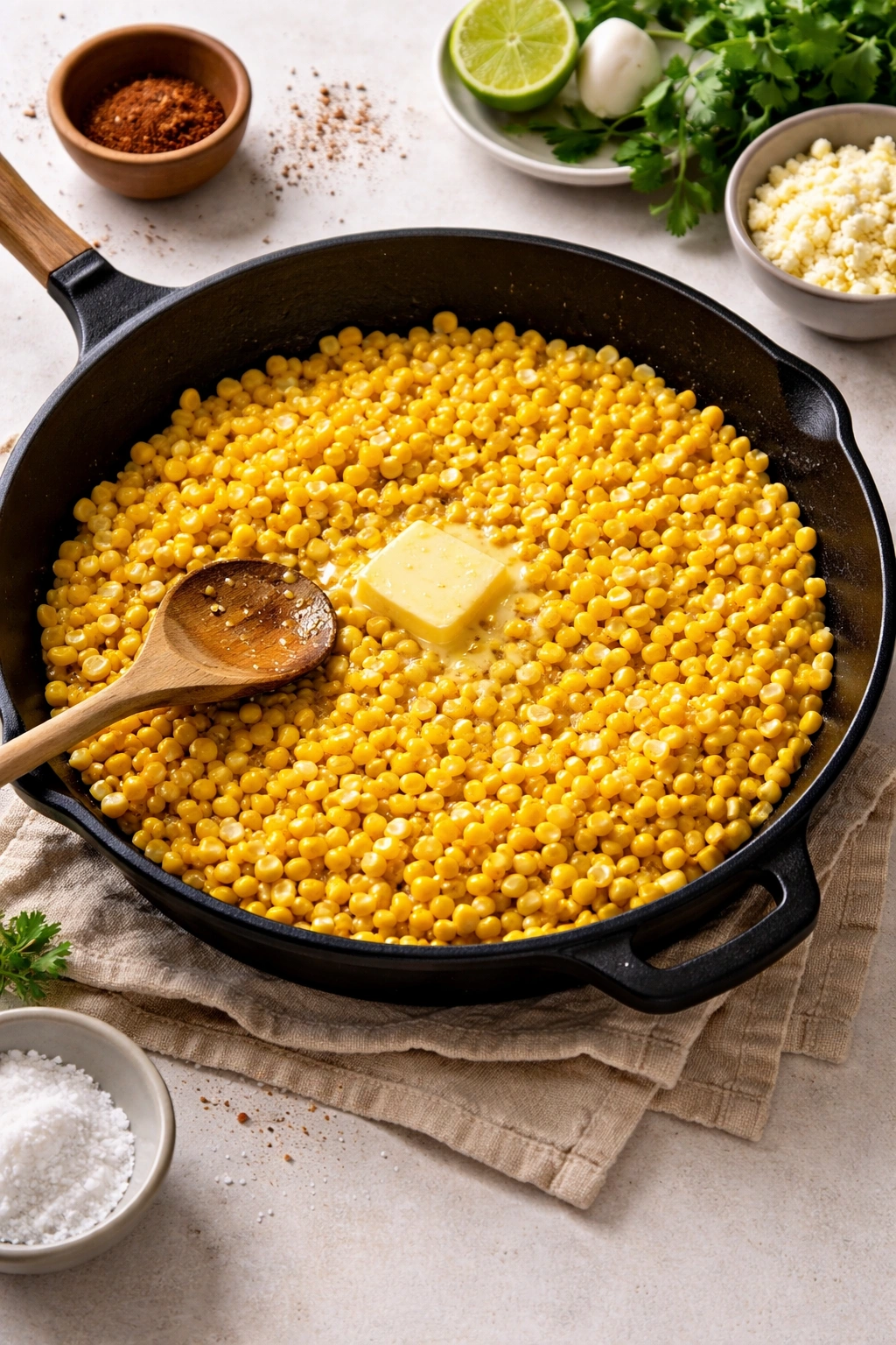 Skillet with corn and butter ready for charring in a bright kitchen