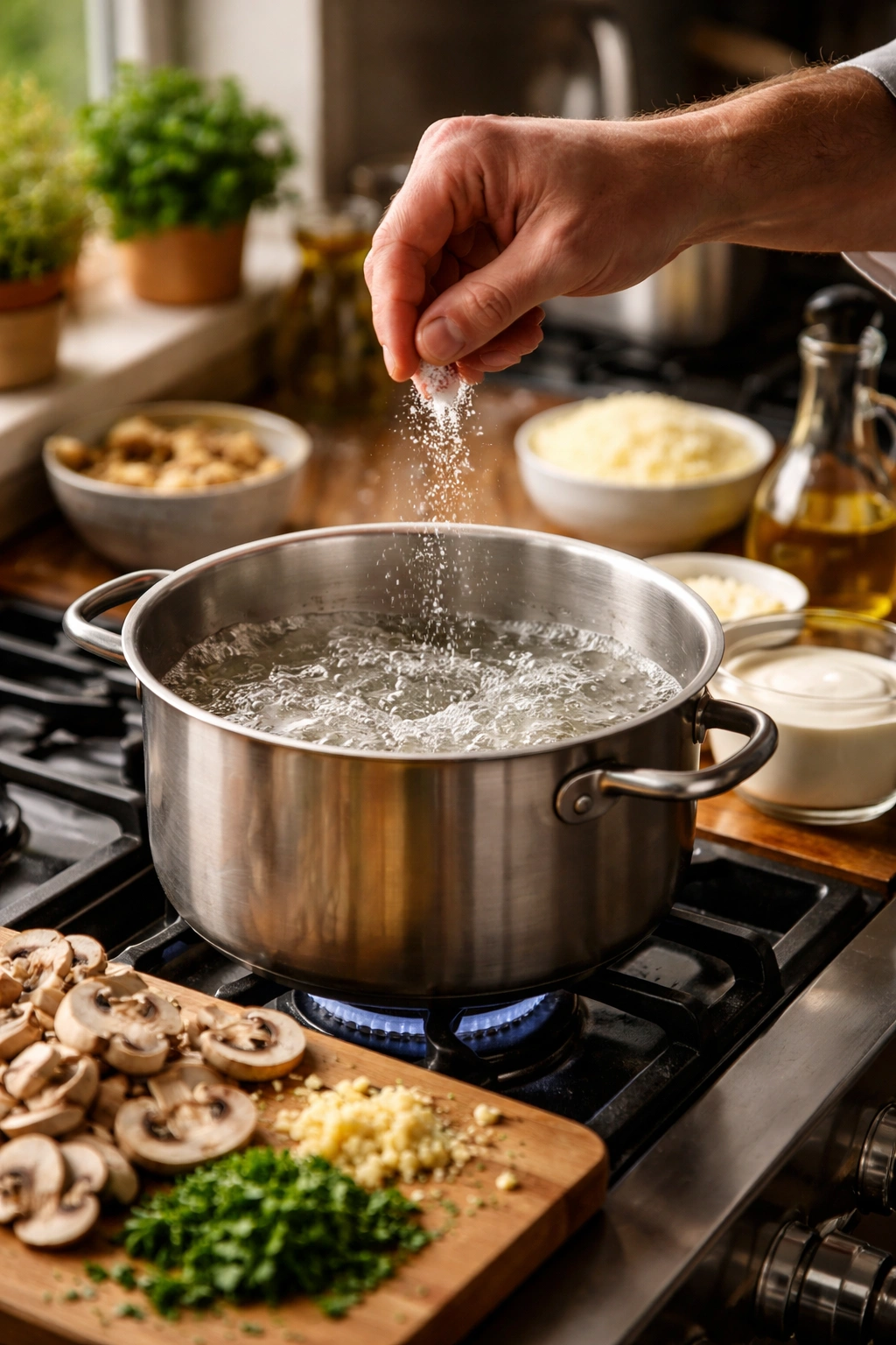Close-up of a chef's hand near a boiling pot with salt, illustrating step-by-step cooking guidance