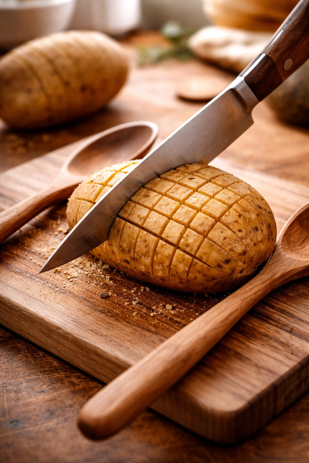 Potato being cross-hatched by knife with depth guides ready for Hasselback slicing.