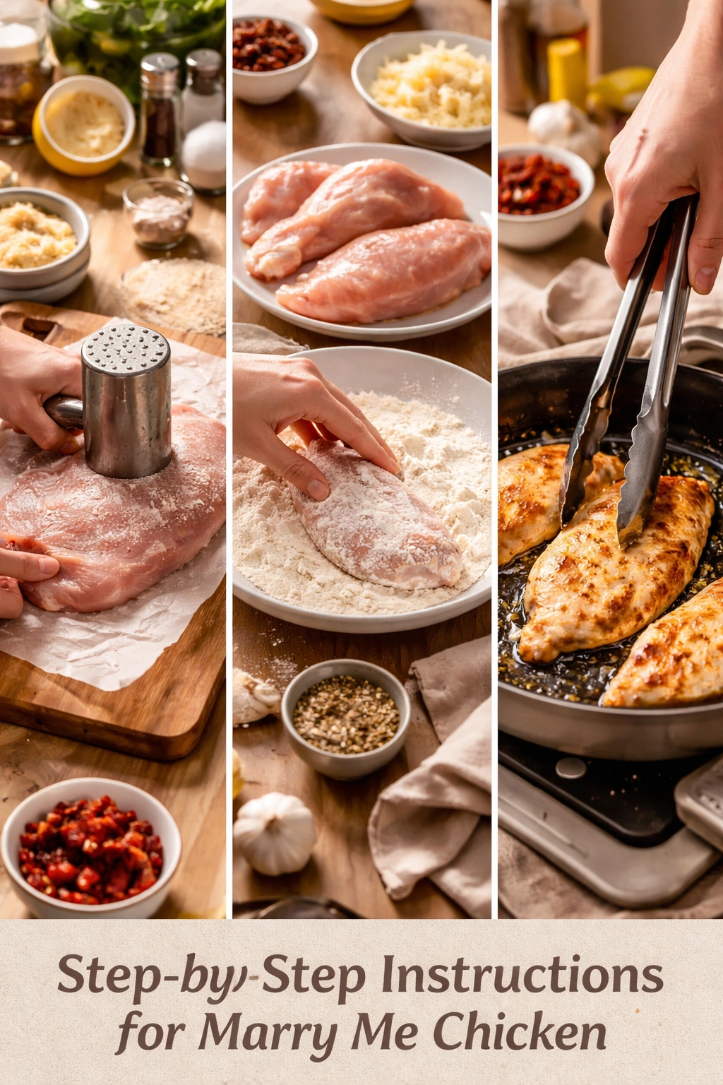 Hands pounding and browning chicken in a skillet.