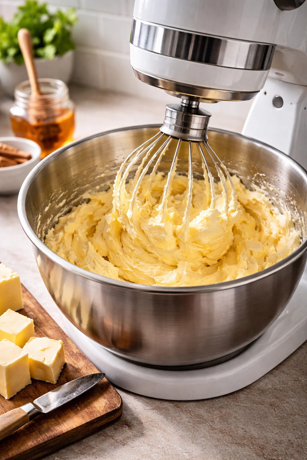 Stand mixer whipping butter in a bowl showing motion