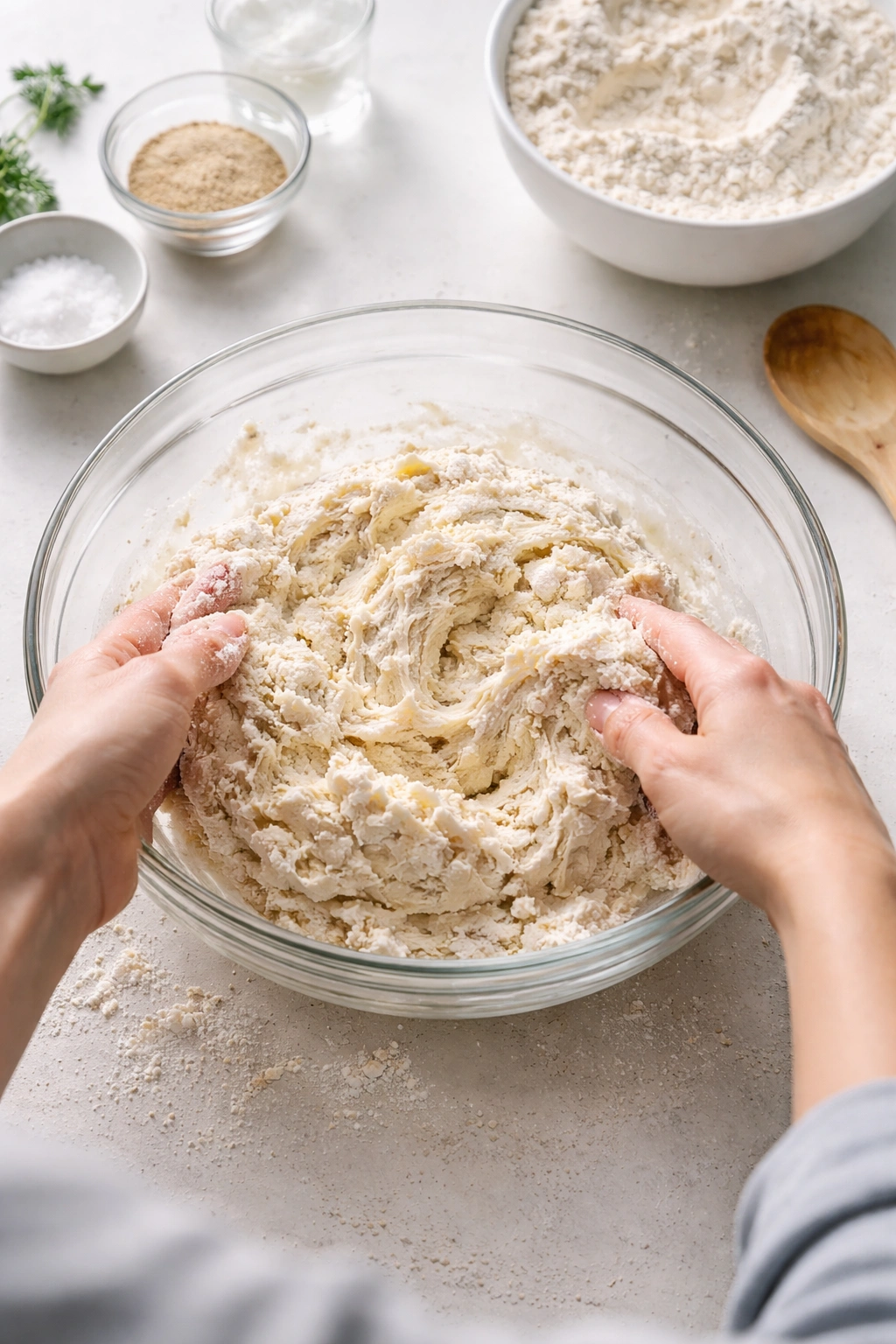 Hands mixing dough in a bowl during the initial step of the recipe
