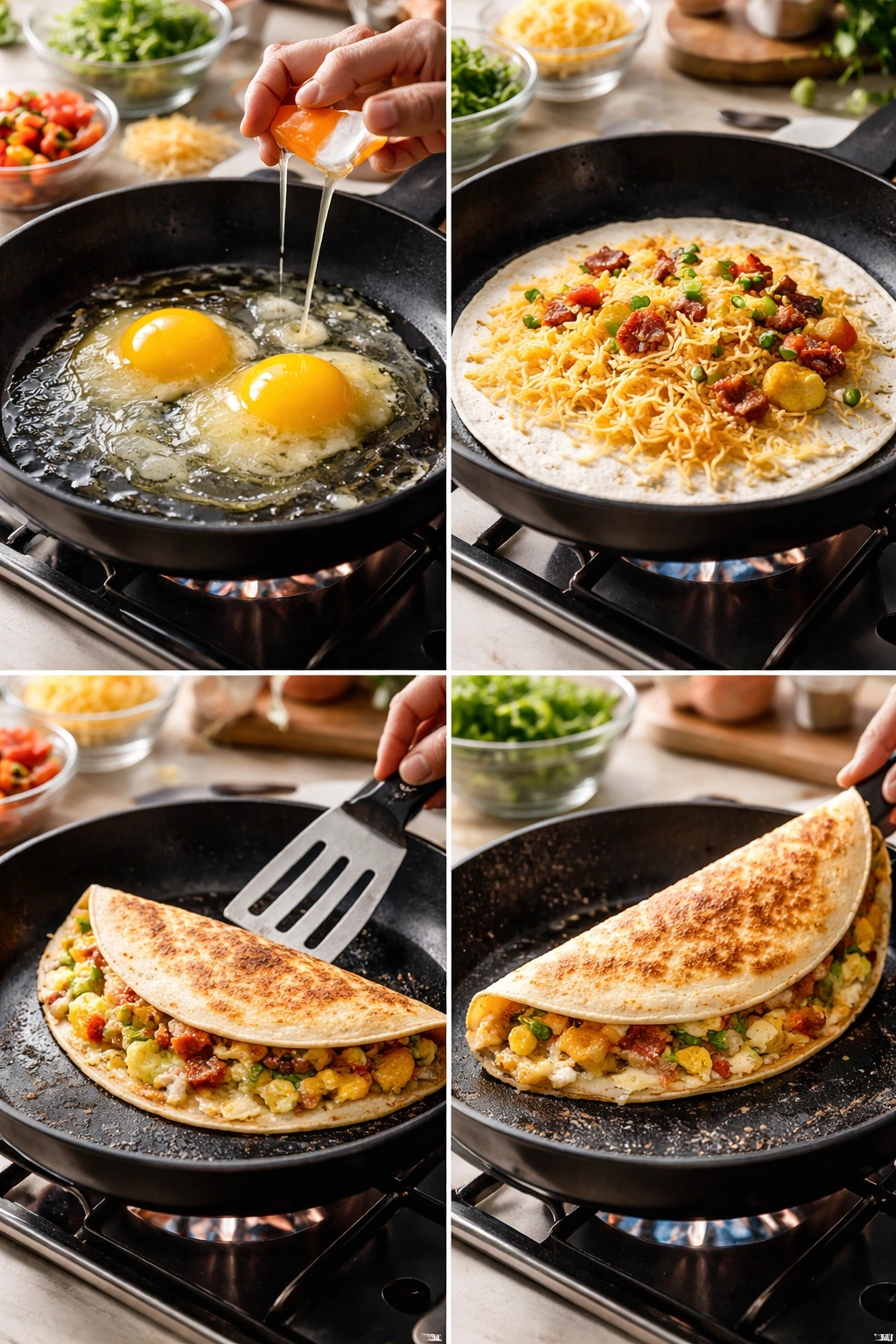 Overhead view of a step-by-step quesadilla cooking sequence with eggs, cheese, and tortilla in a bright kitchen
