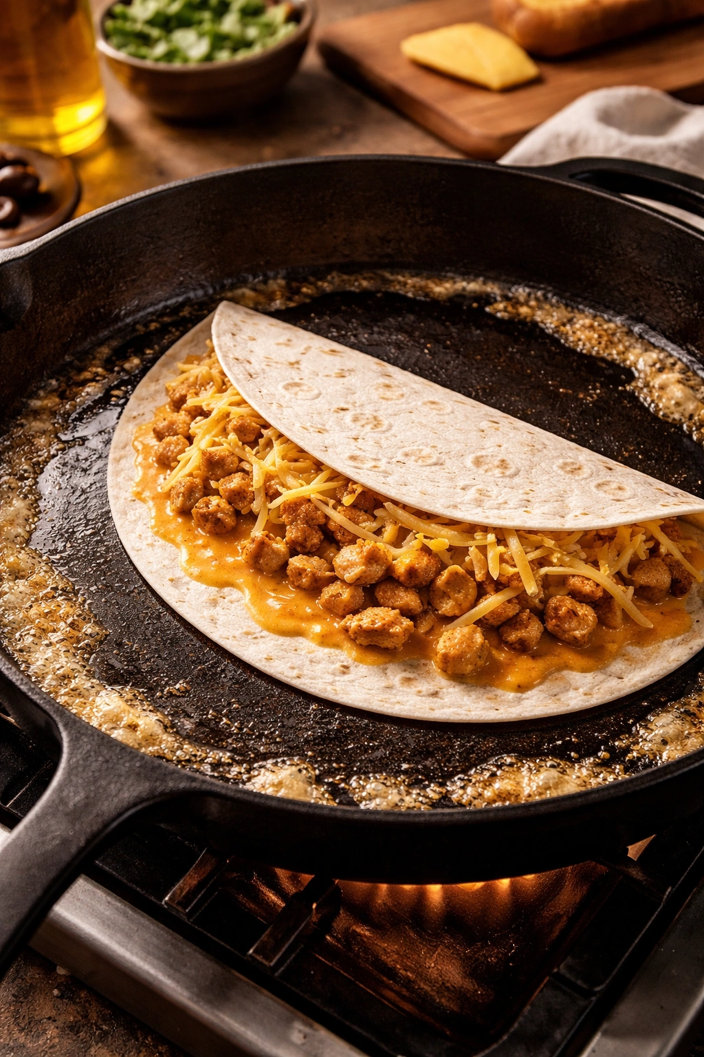 Skillet with tortilla cooking in butter creating golden crust