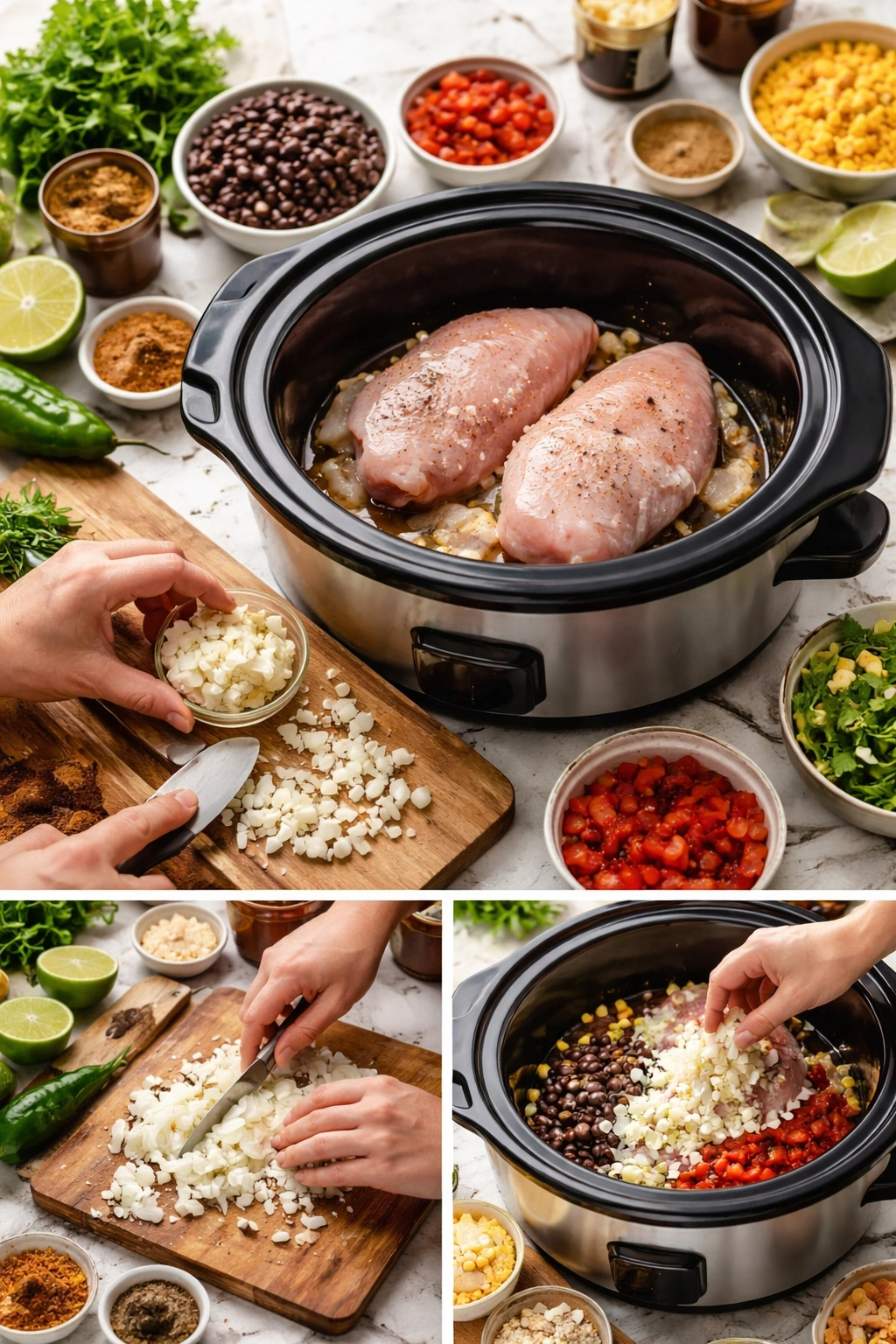 Hands adding ingredients to a slow cooker