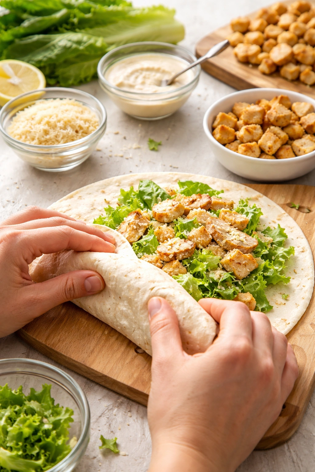 Hands rolling a Caesar wrap showing assembly progress