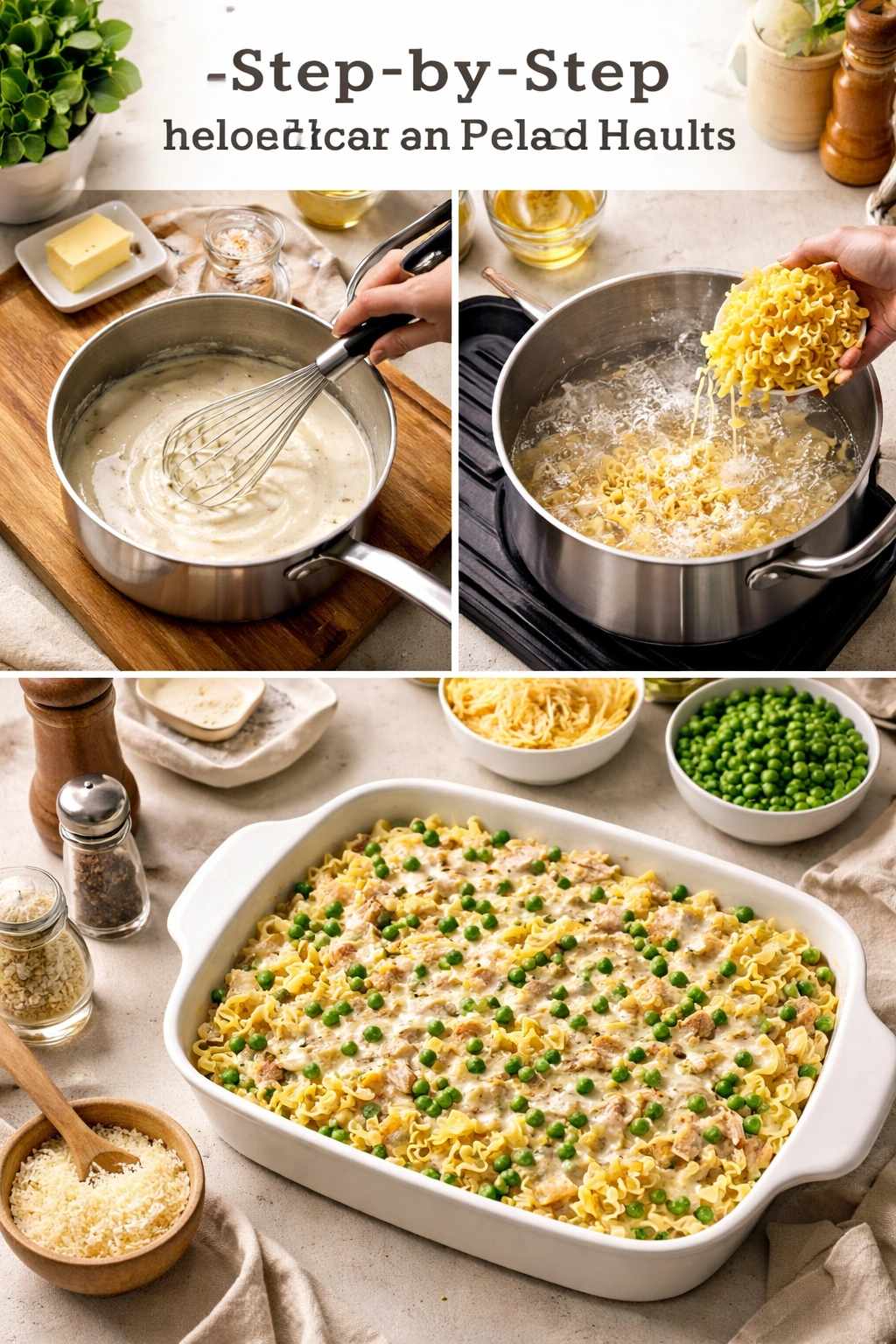 Hands whisking sauce, boiling noodles, and a baking dish ready for assembly