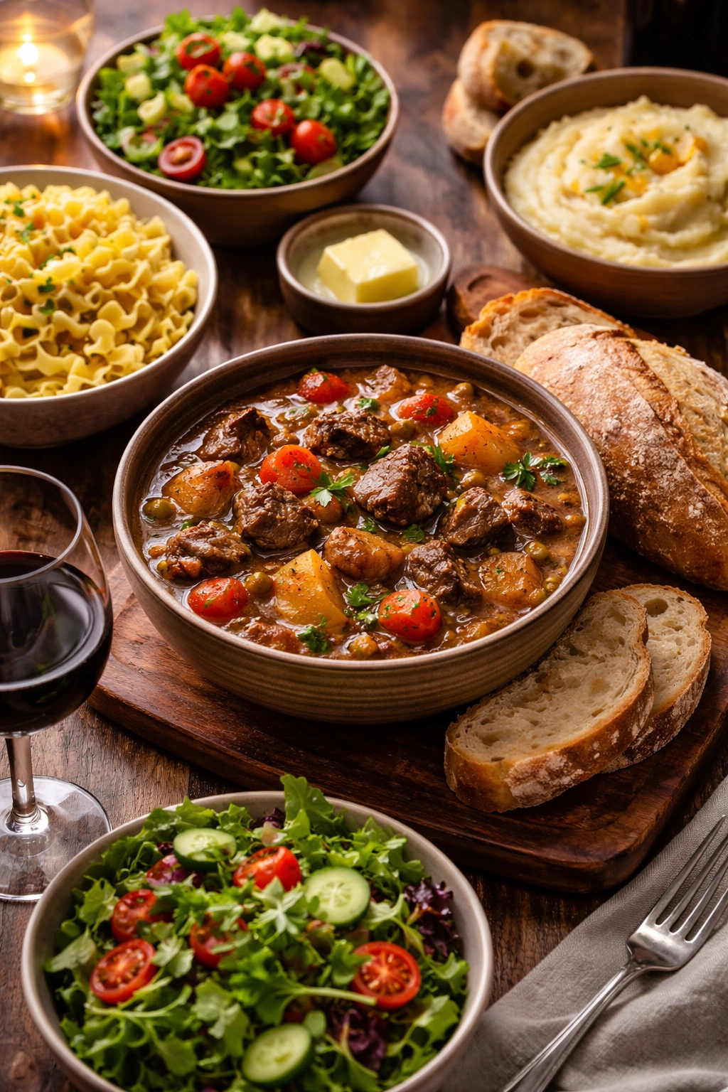 Beef stew served with crusty bread on a rustic plate