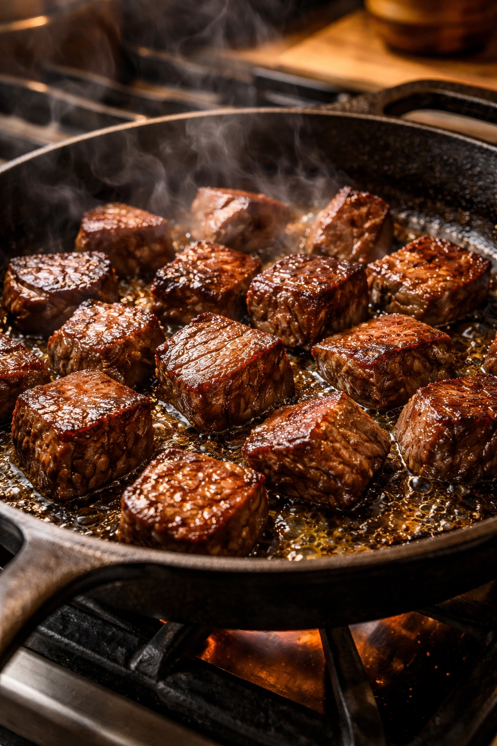 Close-up of browned beef cubes searing in a skillet for rich stew flavor