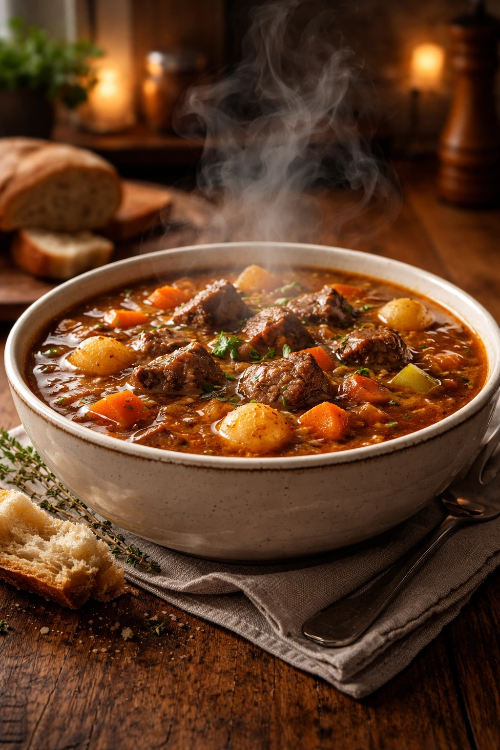 Steaming bowl of hearty stew on warm table
