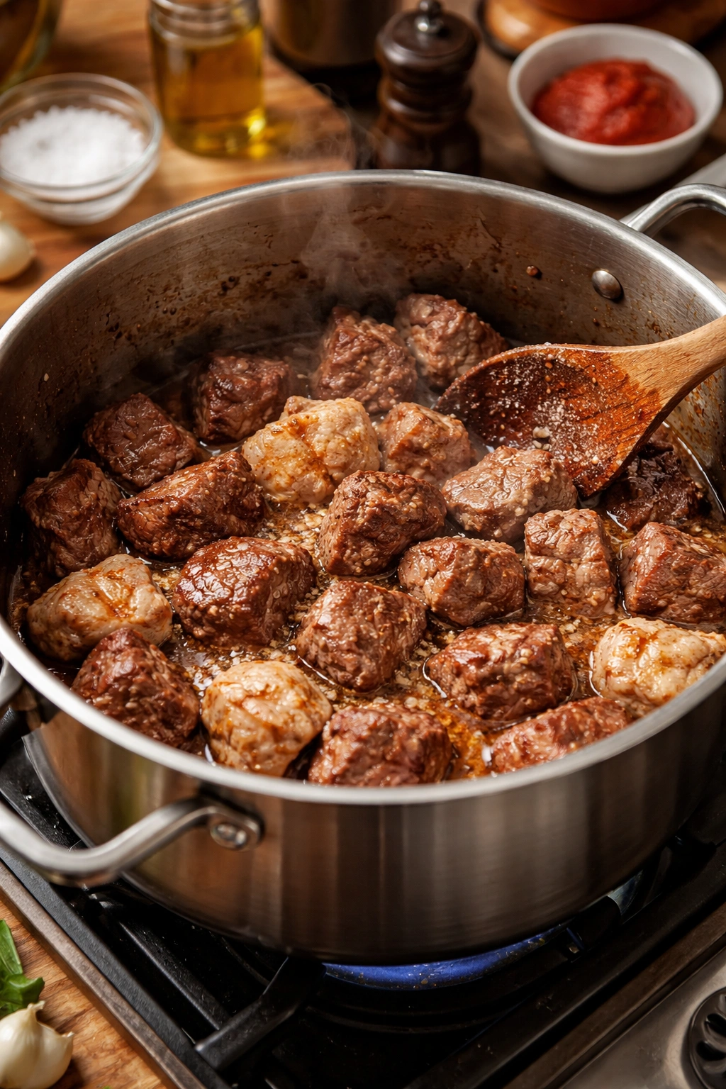 Unevenly browned beef chunks in a stew pot