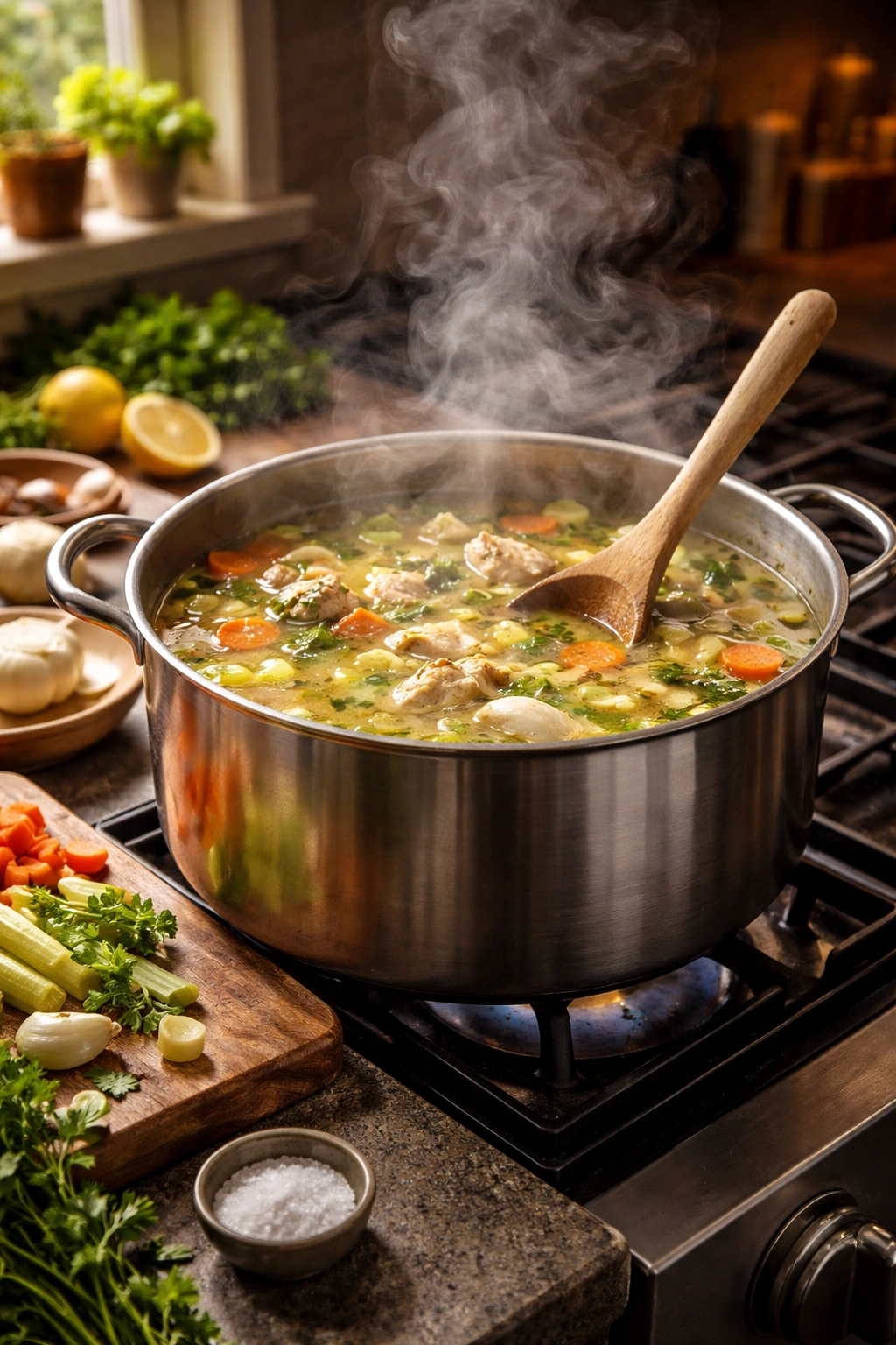 Simmering chicken soup in a pot on the stove