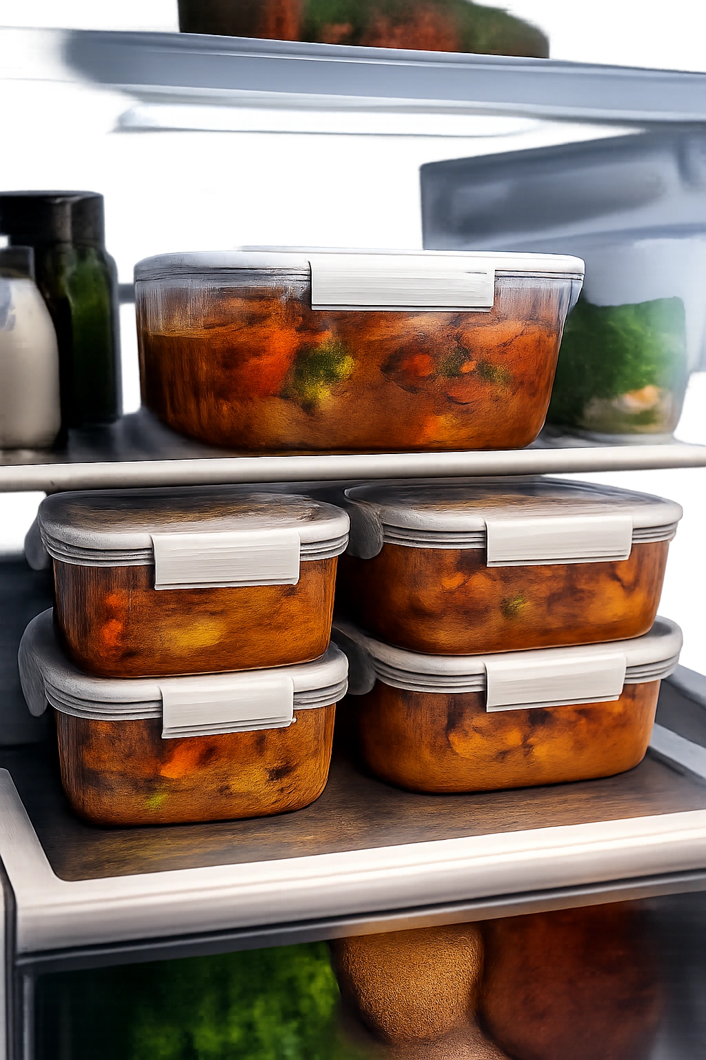 Glass containers with beef stew stored in a fridge