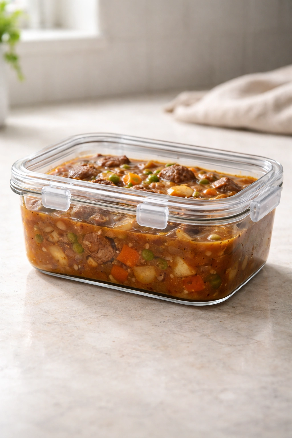 Airtight glass container of thick stew ready for storage