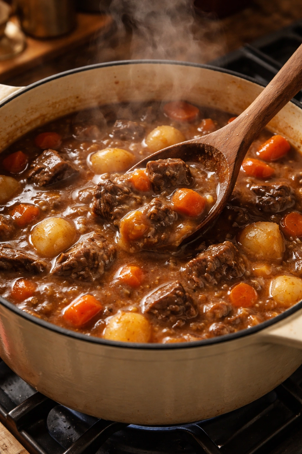 Thickened beef stew with glossy broth in a heavy pot