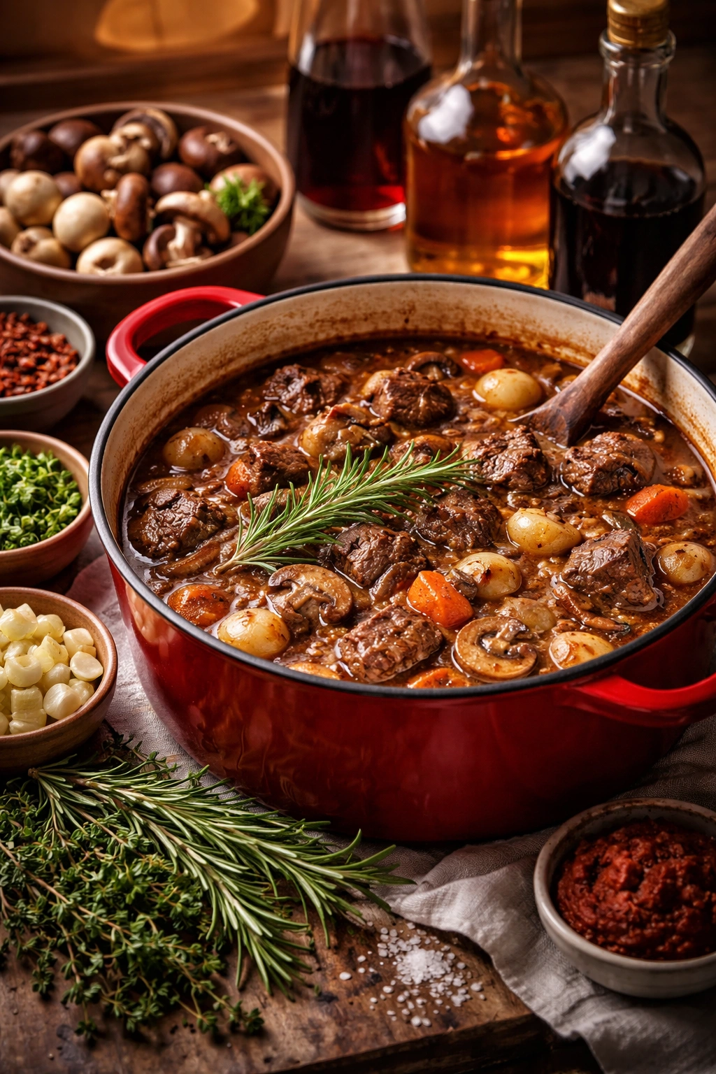 Beef stew with mushrooms and rosemary suggesting variations
