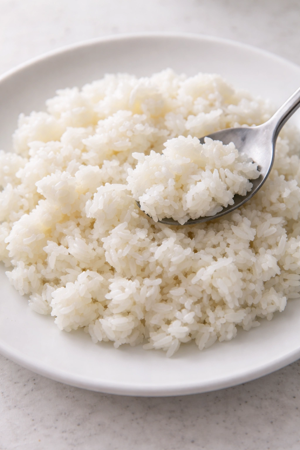 Clumpy sticky rice on plate showing cohesive grains