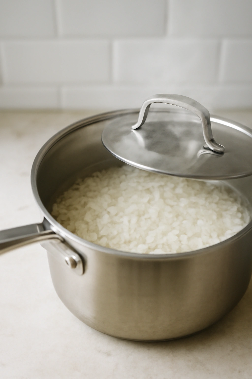 Close-up of rinsed sticky rice in a saucepan with water and lid, steam rising.