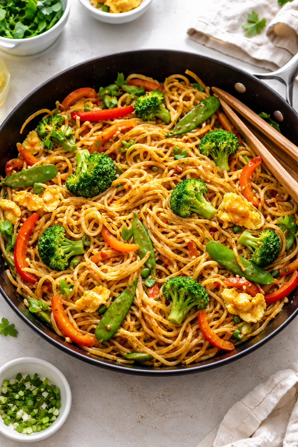 Stir-fried noodles with eggs and colorful vegetables in glossy sauce