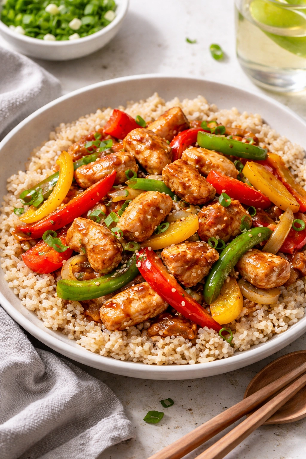 Stir-fried chicken with bell peppers over brown rice in a bowl