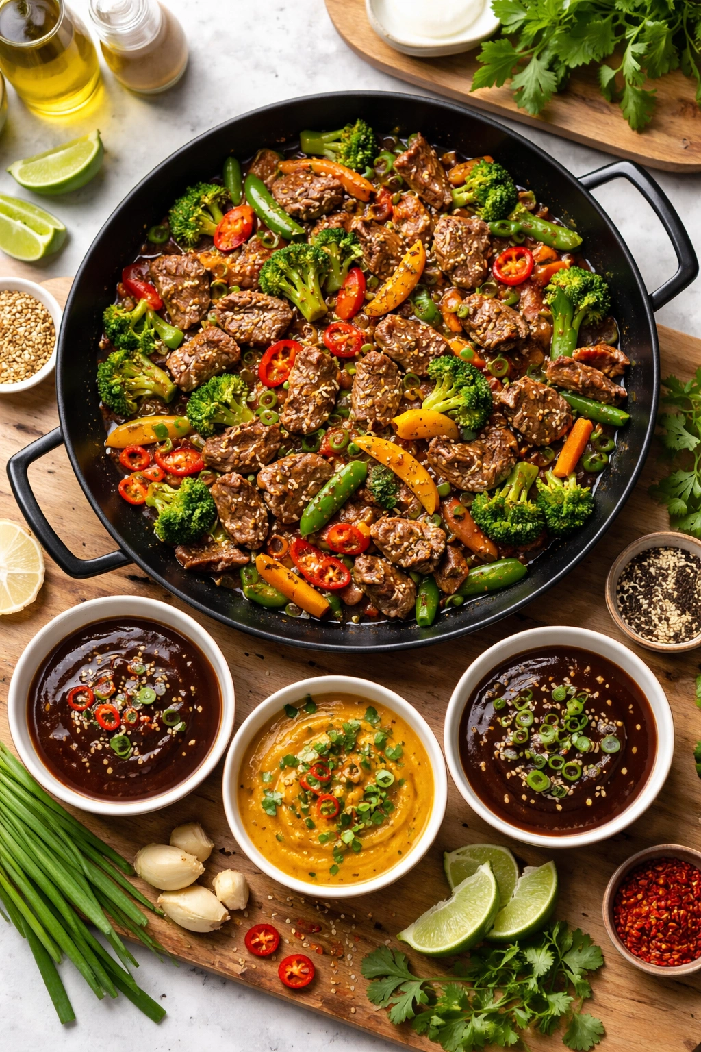 Beef stir-fry with assorted sauce bowls around to indicate flavor variations