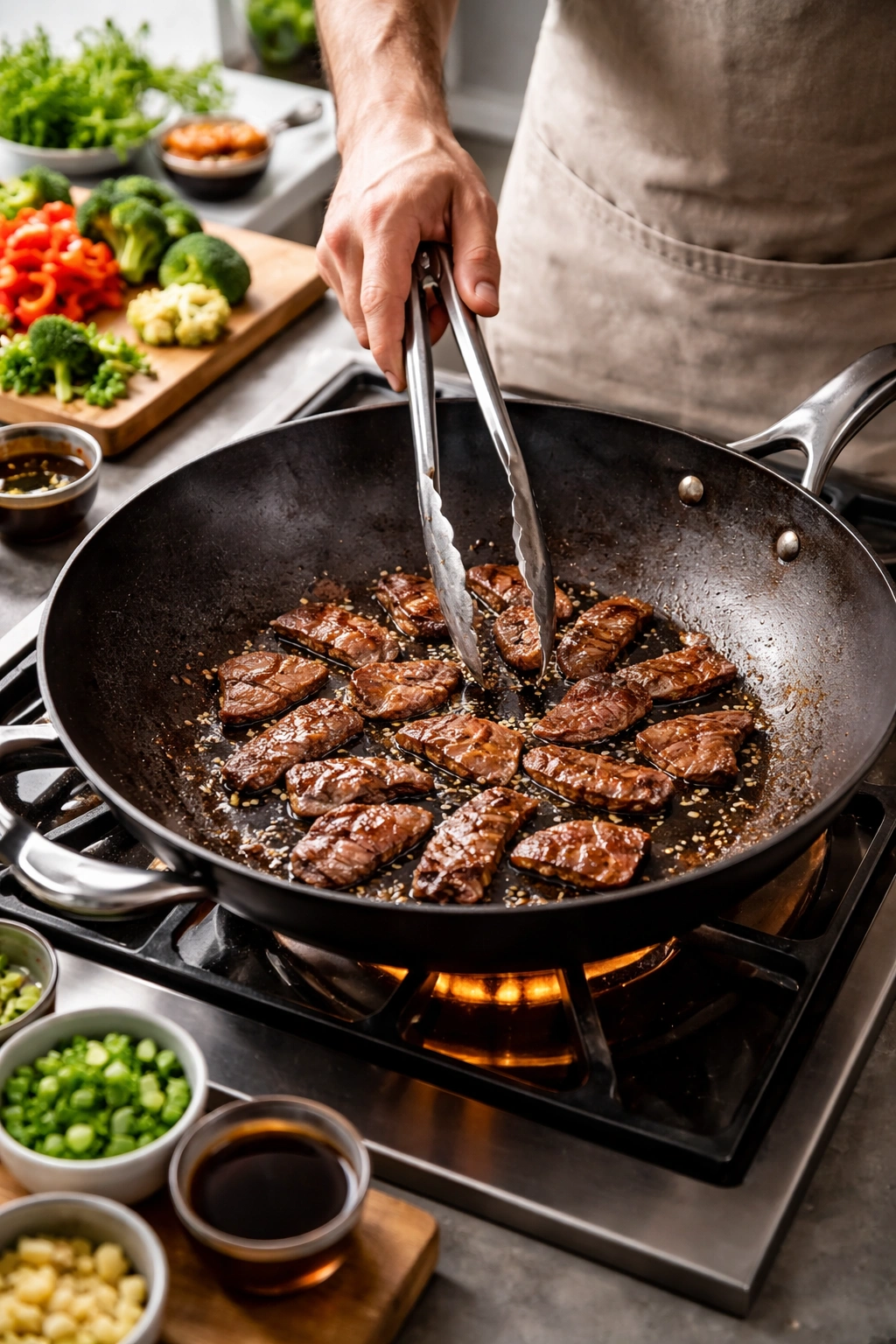 Beef searing in a wok with proper browning and no overcrowding
