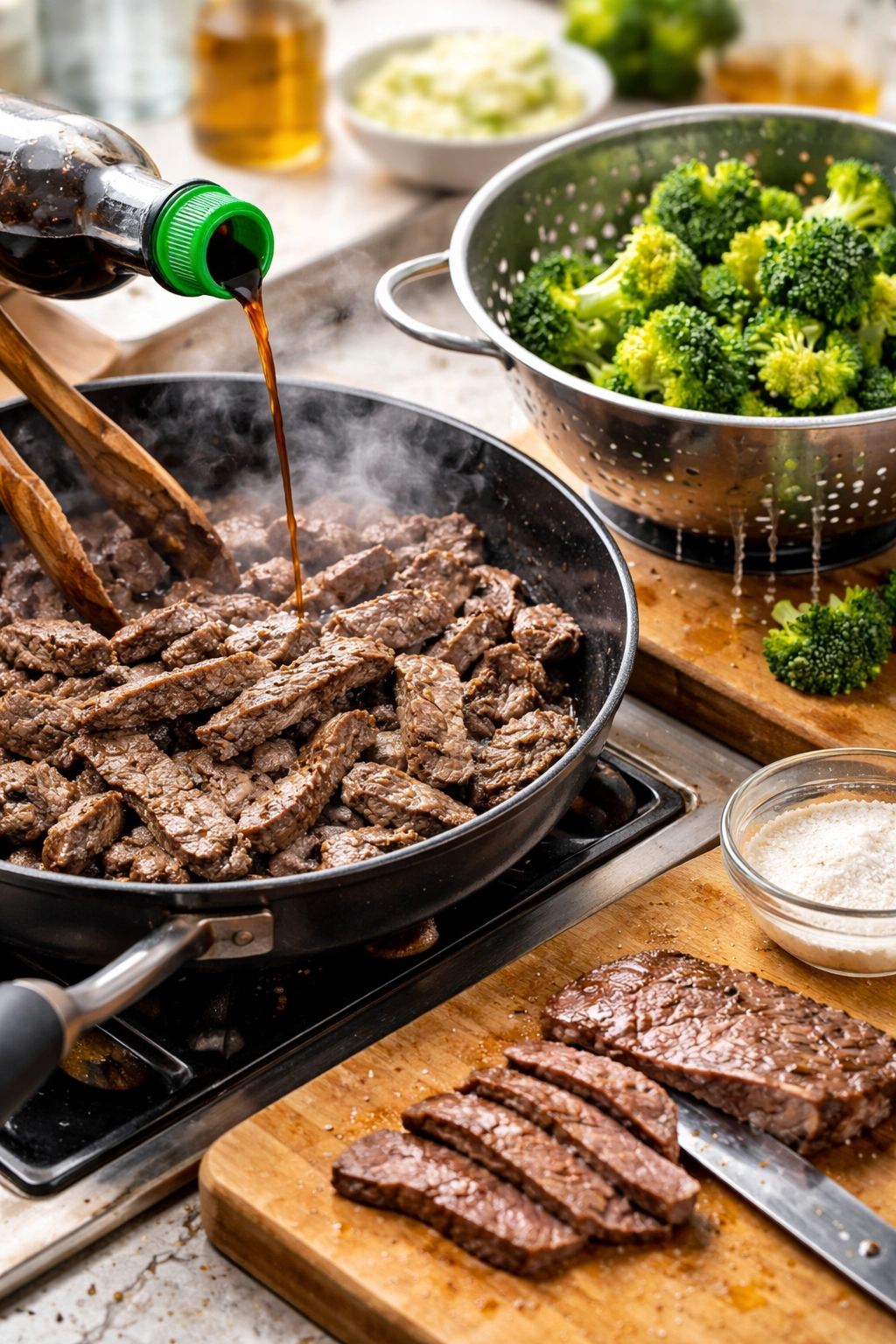 Overcrowded pan with moist beef and watery broccoli illustrating common mistakes.