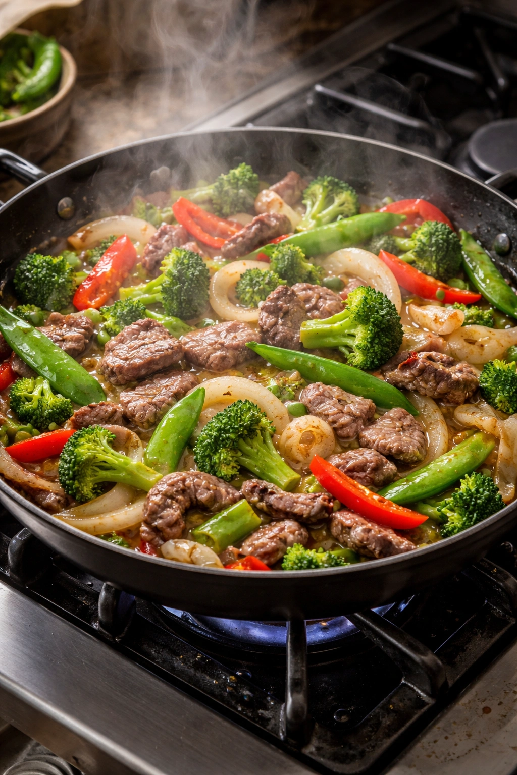 Overcrowded pan with steaming vegetables illustrating common stir-fry mistakes