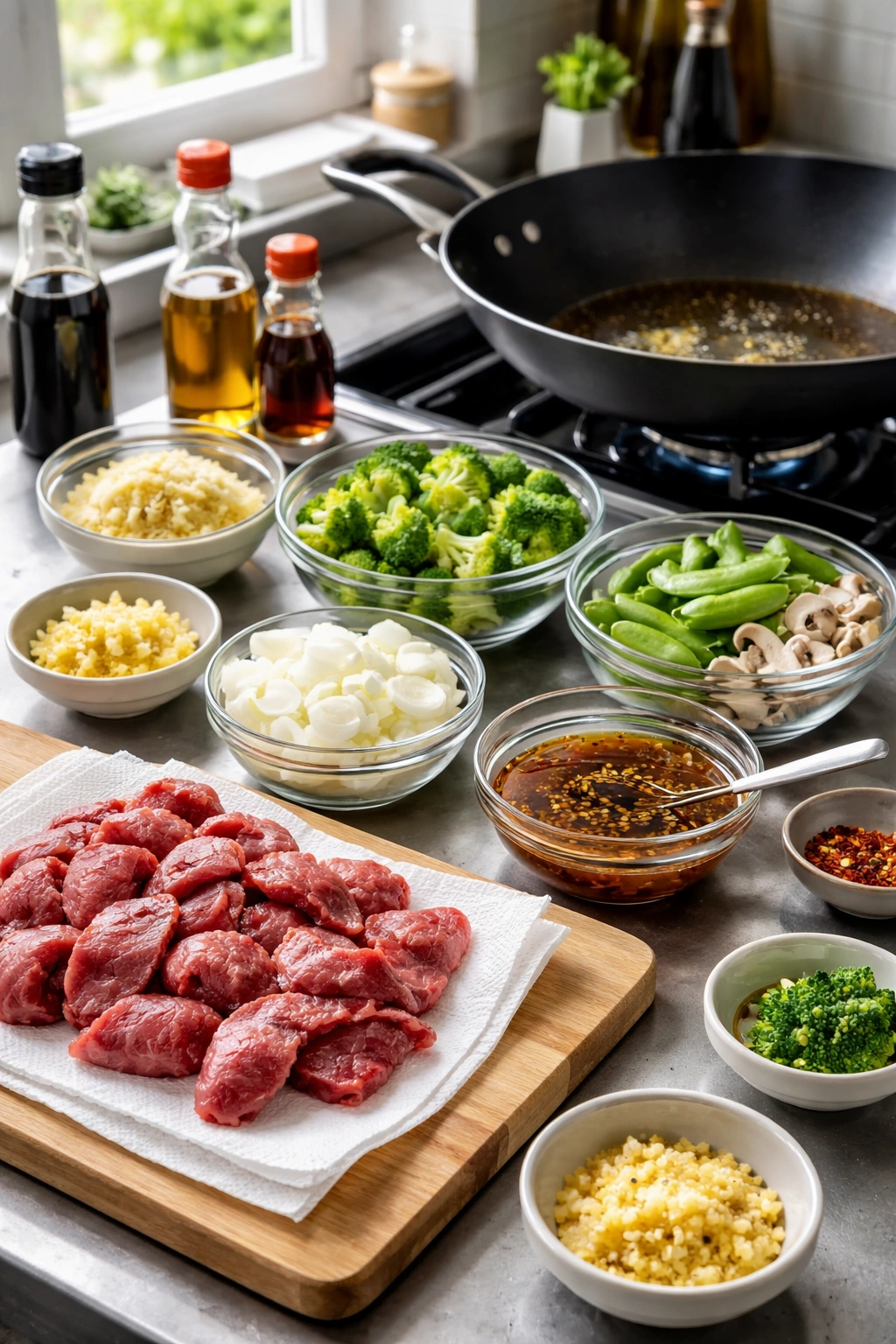 Organized prep station with ingredients for beef stir-fry ready to cook