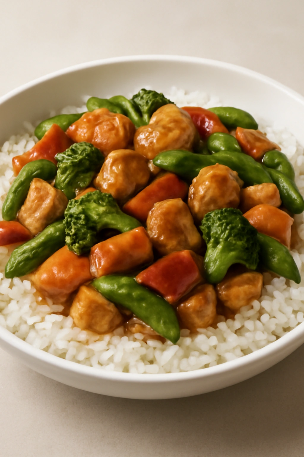 Colorful stir-fry over rice in a white bowl