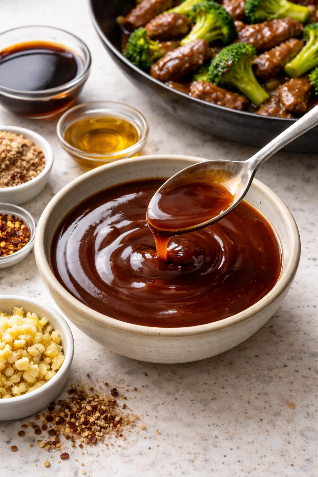 Glossy stir-fry sauce in a small bowl