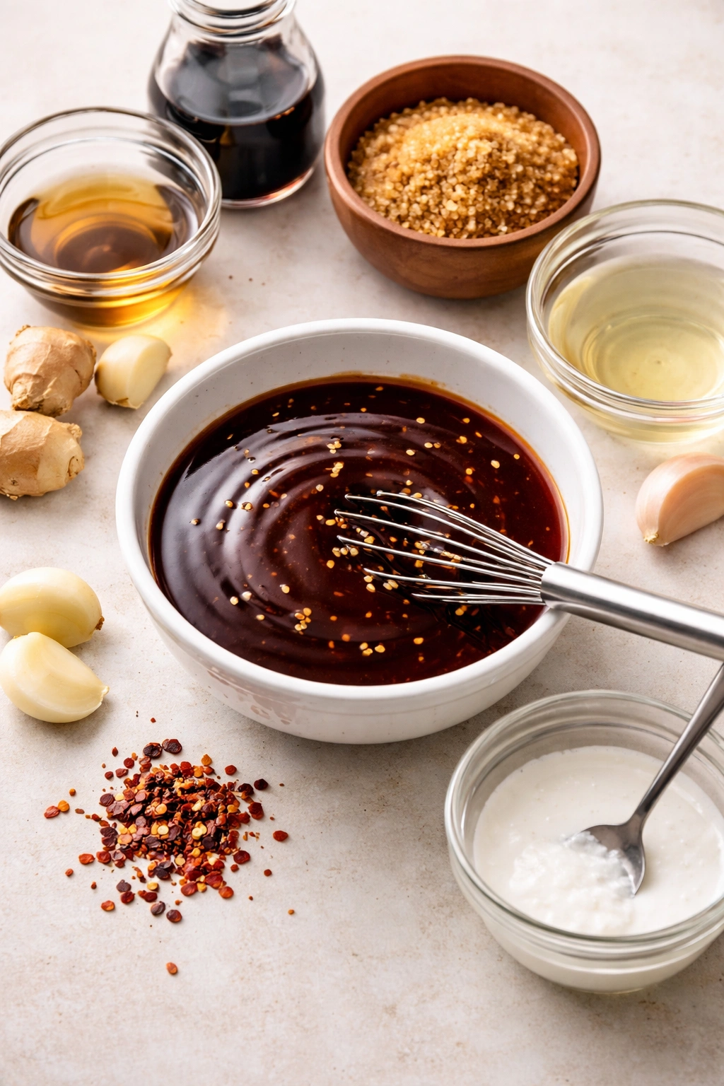Glossy stir-fry sauce in a small dish with deep brown color
