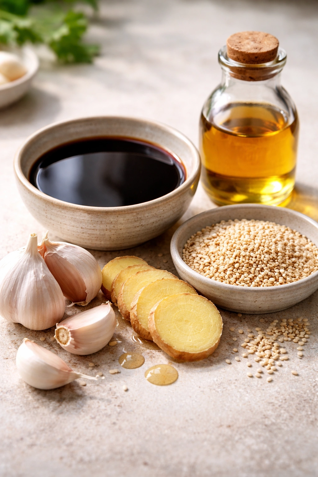Assorted stir-fry sauce ingredients including soy, garlic, ginger, and sesame seeds