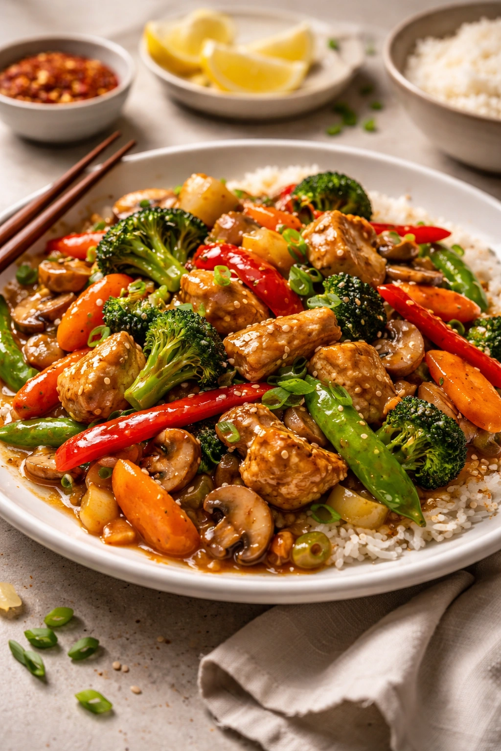 Vibrant stir-fry plate with glossy sauce over vegetables and protein